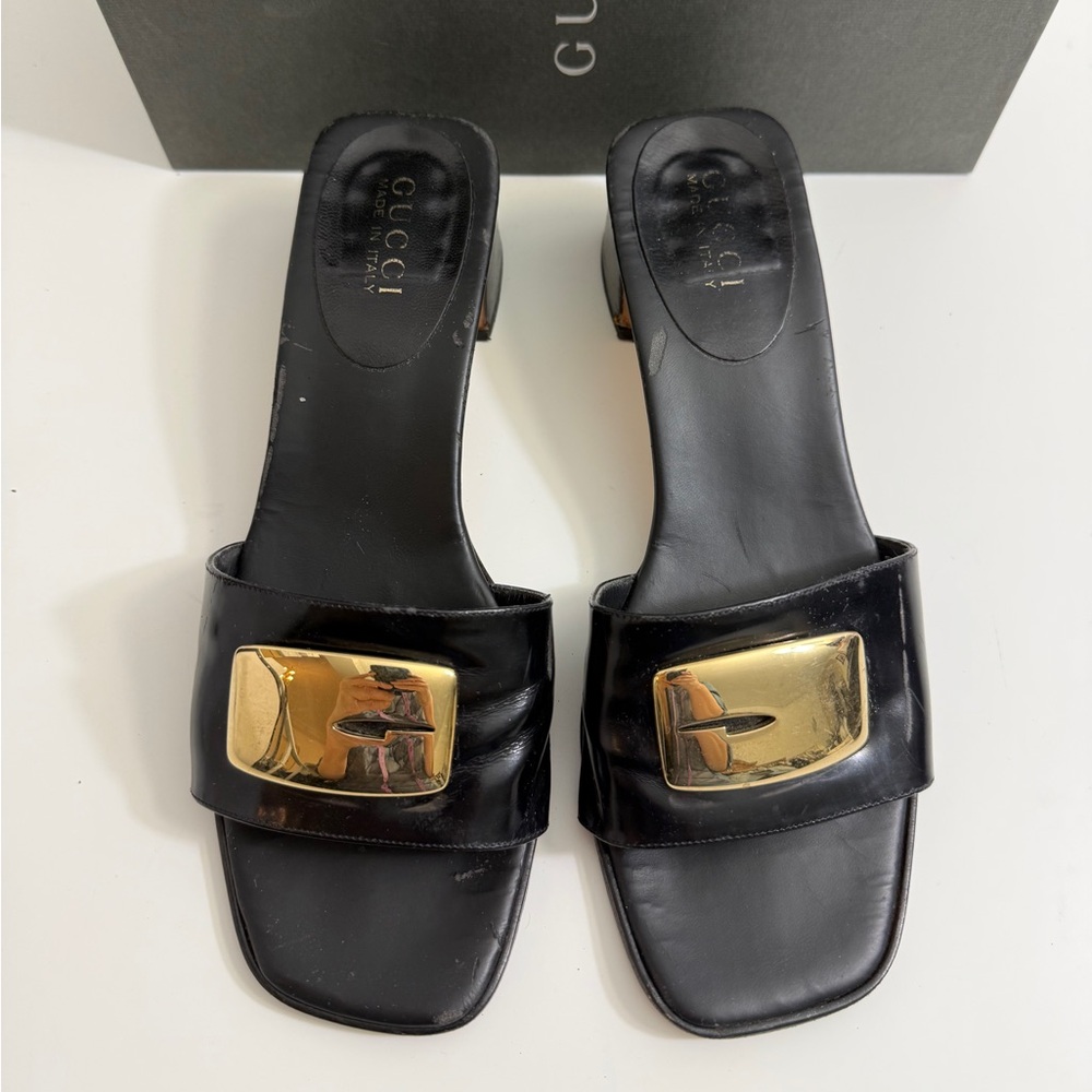 Gucci Black Leather Slide Mules with Gold Hardware